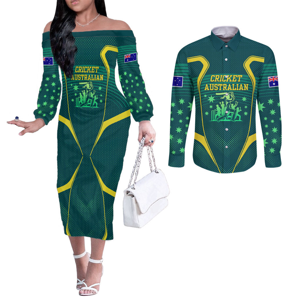 Australian Cricket Couples Matching Off The Shoulder Long Sleeve Dress and Long Sleeve Button Shirt Dark Green Halftone Tech Graphic - Southern Cross Stars