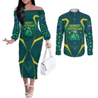 Australian Cricket Couples Matching Off The Shoulder Long Sleeve Dress and Long Sleeve Button Shirt Dark Green Halftone Tech Graphic - Southern Cross Stars