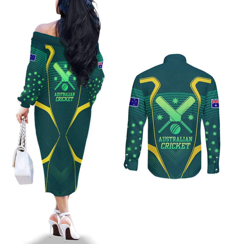 Australian Cricket Couples Matching Off The Shoulder Long Sleeve Dress and Long Sleeve Button Shirt Dark Green Halftone Tech Graphic - Southern Cross Stars