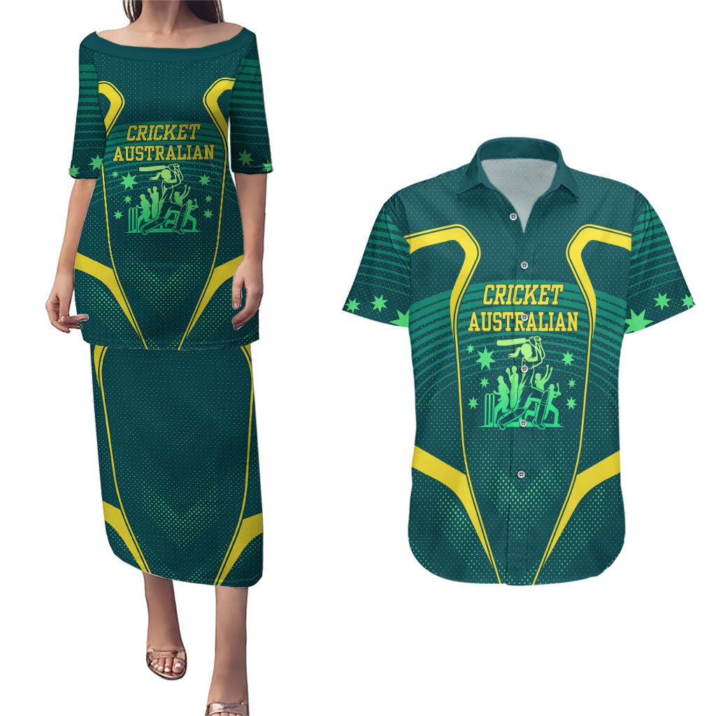 Australian Cricket Couples Matching Puletasi and Hawaiian Shirt Dark Green Halftone Tech Graphic - Southern Cross Stars