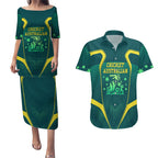 Australian Cricket Couples Matching Puletasi and Hawaiian Shirt Dark Green Halftone Tech Graphic - Southern Cross Stars