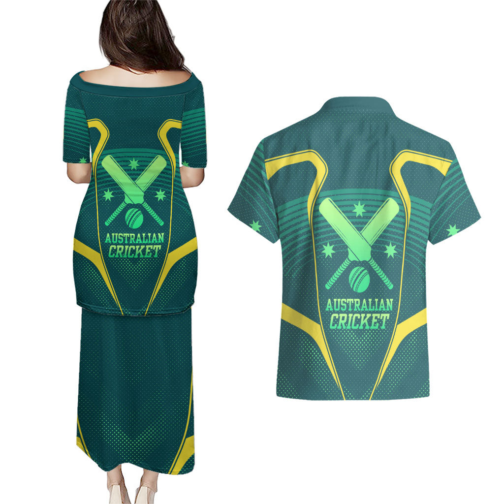 Australian Cricket Couples Matching Puletasi and Hawaiian Shirt Dark Green Halftone Tech Graphic - Southern Cross Stars