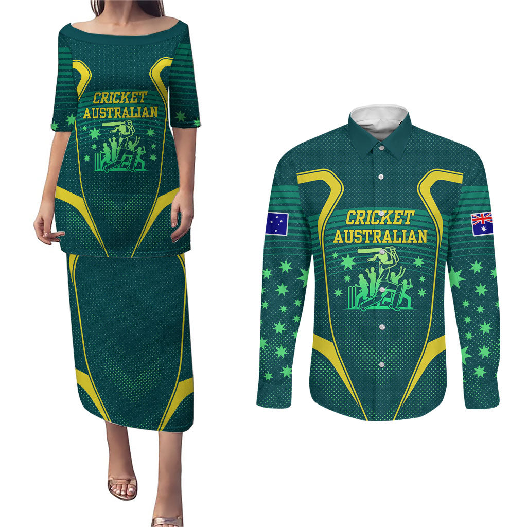 Australian Cricket Couples Matching Puletasi and Long Sleeve Button Shirt Dark Green Halftone Tech Graphic - Southern Cross Stars