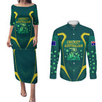 Australian Cricket Couples Matching Puletasi and Long Sleeve Button Shirt Dark Green Halftone Tech Graphic - Southern Cross Stars
