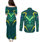 Australian Cricket Couples Matching Puletasi and Long Sleeve Button Shirt Dark Green Halftone Tech Graphic - Southern Cross Stars
