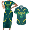 Australian Cricket Couples Matching Short Sleeve Bodycon Dress and Hawaiian Shirt Dark Green Halftone Tech Graphic - Southern Cross Stars
