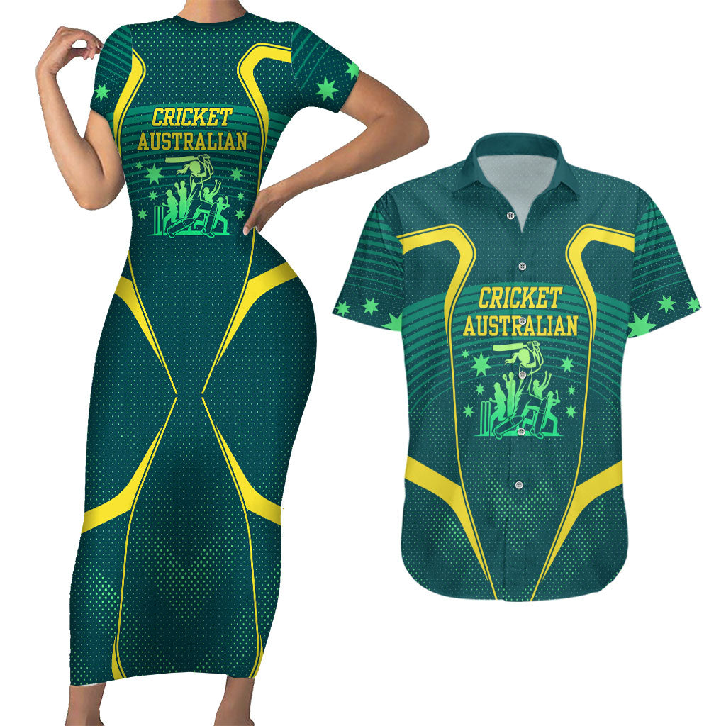 Australian Cricket Couples Matching Short Sleeve Bodycon Dress and Hawaiian Shirt Dark Green Halftone Tech Graphic - Southern Cross Stars