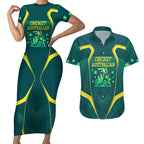 Australian Cricket Couples Matching Short Sleeve Bodycon Dress and Hawaiian Shirt Dark Green Halftone Tech Graphic - Southern Cross Stars