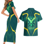 Australian Cricket Couples Matching Short Sleeve Bodycon Dress and Hawaiian Shirt Dark Green Halftone Tech Graphic - Southern Cross Stars
