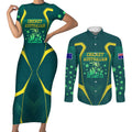 Australian Cricket Couples Matching Short Sleeve Bodycon Dress and Long Sleeve Button Shirt Dark Green Halftone Tech Graphic - Southern Cross Stars