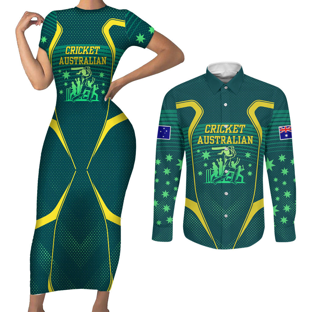 Australian Cricket Couples Matching Short Sleeve Bodycon Dress and Long Sleeve Button Shirt Dark Green Halftone Tech Graphic - Southern Cross Stars