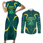 Australian Cricket Couples Matching Short Sleeve Bodycon Dress and Long Sleeve Button Shirt Dark Green Halftone Tech Graphic - Southern Cross Stars
