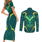 Australian Cricket Couples Matching Short Sleeve Bodycon Dress and Long Sleeve Button Shirt Dark Green Halftone Tech Graphic - Southern Cross Stars