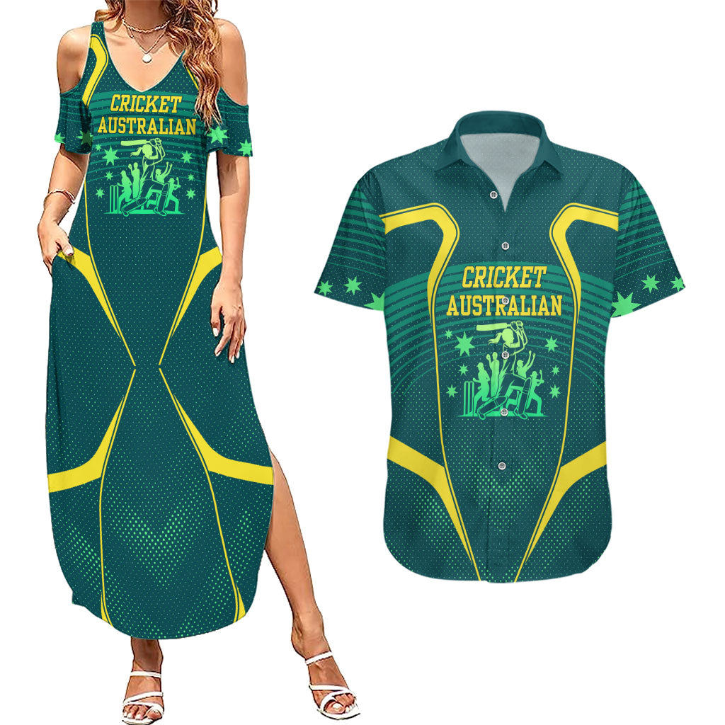 Australian Cricket Couples Matching Summer Maxi Dress and Hawaiian Shirt Dark Green Halftone Tech Graphic - Southern Cross Stars