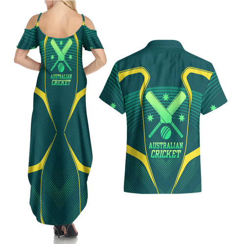 Australian Cricket Couples Matching Summer Maxi Dress and Hawaiian Shirt Dark Green Halftone Tech Graphic - Southern Cross Stars