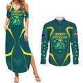 Australian Cricket Couples Matching Summer Maxi Dress and Long Sleeve Button Shirt Dark Green Halftone Tech Graphic - Southern Cross Stars