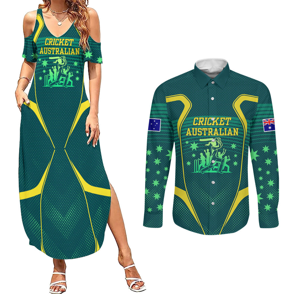 Australian Cricket Couples Matching Summer Maxi Dress and Long Sleeve Button Shirt Dark Green Halftone Tech Graphic - Southern Cross Stars