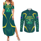 Australian Cricket Couples Matching Summer Maxi Dress and Long Sleeve Button Shirt Dark Green Halftone Tech Graphic - Southern Cross Stars
