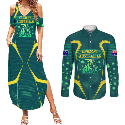 Australian Cricket Couples Matching Summer Maxi Dress and Long Sleeve Button Shirt Dark Green Halftone Tech Graphic - Southern Cross Stars