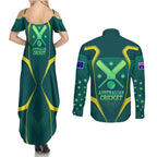 Australian Cricket Couples Matching Summer Maxi Dress and Long Sleeve Button Shirt Dark Green Halftone Tech Graphic - Southern Cross Stars