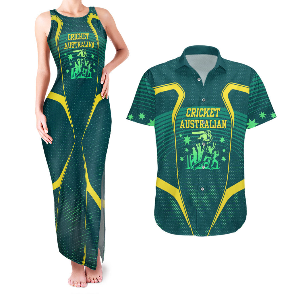 Australian Cricket Couples Matching Tank Maxi Dress and Hawaiian Shirt Dark Green Halftone Tech Graphic - Southern Cross Stars
