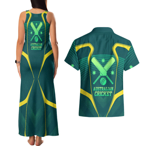 Australian Cricket Couples Matching Tank Maxi Dress and Hawaiian Shirt Dark Green Halftone Tech Graphic - Southern Cross Stars