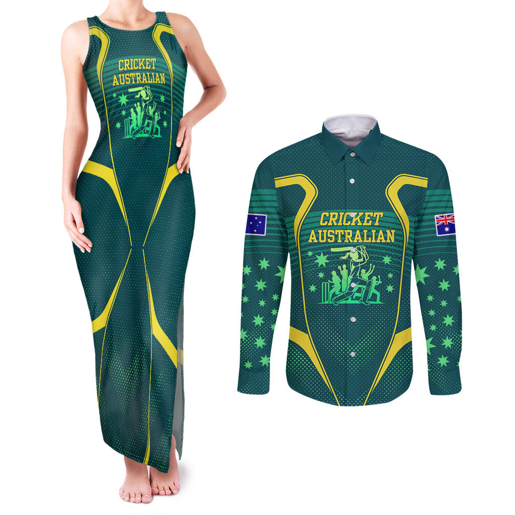 Australian Cricket Couples Matching Tank Maxi Dress and Long Sleeve Button Shirt Dark Green Halftone Tech Graphic - Southern Cross Stars