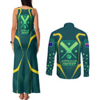 Australian Cricket Couples Matching Tank Maxi Dress and Long Sleeve Button Shirt Dark Green Halftone Tech Graphic - Southern Cross Stars