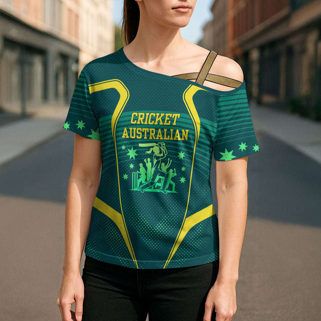 Australian Cricket Cross Shoulder Shirt Dark Green Halftone Tech Graphic - Southern Cross Stars