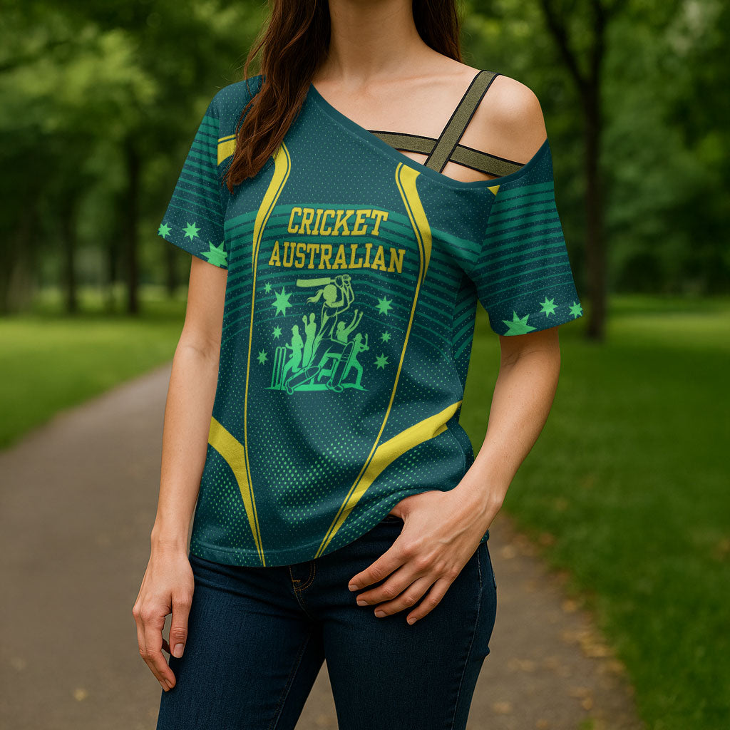 Australian Cricket Cross Shoulder Shirt Dark Green Halftone Tech Graphic - Southern Cross Stars