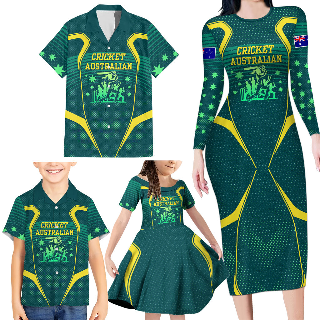 Australian Cricket Family Matching Long Sleeve Bodycon Dress and Hawaiian Shirt Dark Green Halftone Tech Graphic - Southern Cross Stars