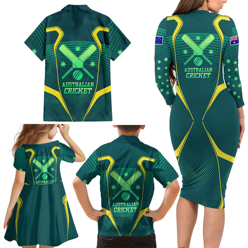 Australian Cricket Family Matching Long Sleeve Bodycon Dress and Hawaiian Shirt Dark Green Halftone Tech Graphic - Southern Cross Stars