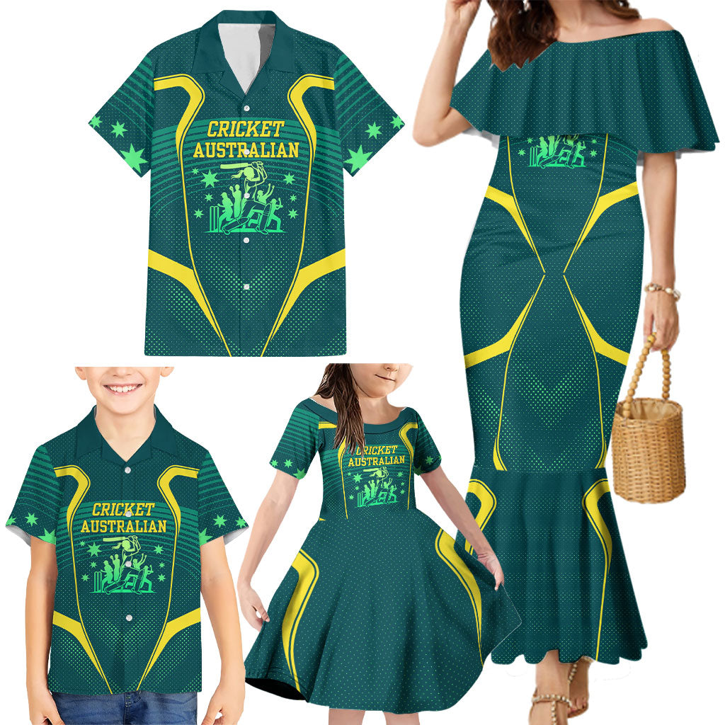 Australian Cricket Family Matching Mermaid Dress and Hawaiian Shirt Dark Green Halftone Tech Graphic - Southern Cross Stars