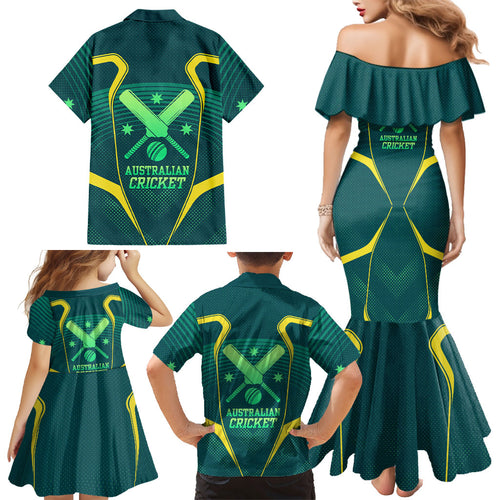 Australian Cricket Family Matching Mermaid Dress and Hawaiian Shirt Dark Green Halftone Tech Graphic - Southern Cross Stars
