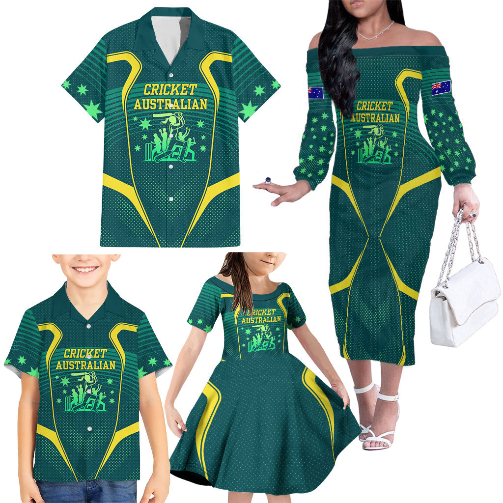 Australian Cricket Family Matching Off The Shoulder Long Sleeve Dress and Hawaiian Shirt Dark Green Halftone Tech Graphic - Southern Cross Stars