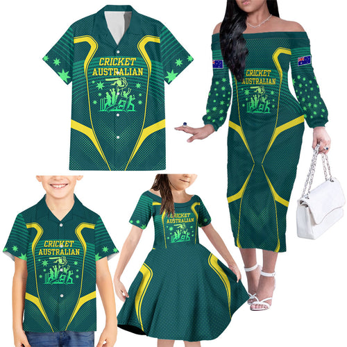 Australian Cricket Family Matching Off The Shoulder Long Sleeve Dress and Hawaiian Shirt Dark Green Halftone Tech Graphic - Southern Cross Stars