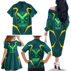 Australian Cricket Family Matching Off The Shoulder Long Sleeve Dress and Hawaiian Shirt Dark Green Halftone Tech Graphic - Southern Cross Stars