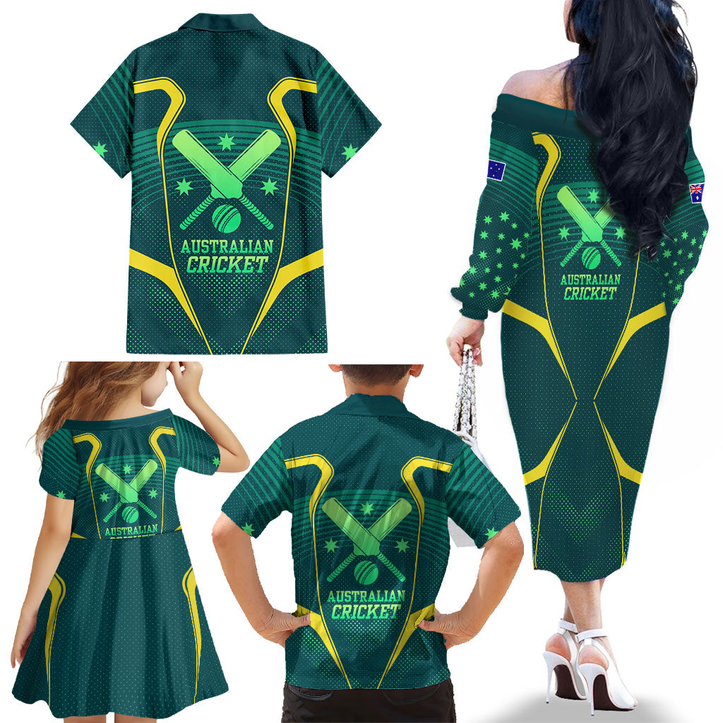 Australian Cricket Family Matching Off The Shoulder Long Sleeve Dress and Hawaiian Shirt Dark Green Halftone Tech Graphic - Southern Cross Stars