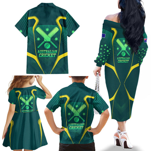 Australian Cricket Family Matching Off The Shoulder Long Sleeve Dress and Hawaiian Shirt Dark Green Halftone Tech Graphic - Southern Cross Stars