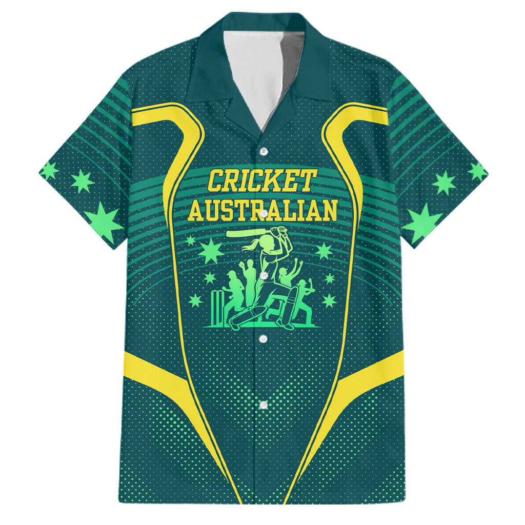 Australian Cricket Family Matching Off The Shoulder Long Sleeve Dress and Hawaiian Shirt Dark Green Halftone Tech Graphic - Southern Cross Stars