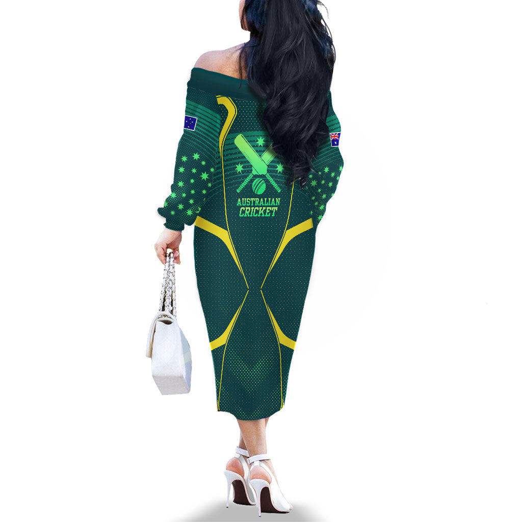 Australian Cricket Family Matching Off The Shoulder Long Sleeve Dress and Hawaiian Shirt Dark Green Halftone Tech Graphic - Southern Cross Stars