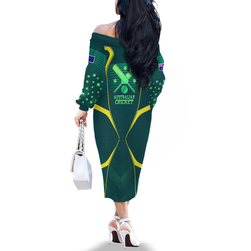 Australian Cricket Family Matching Off The Shoulder Long Sleeve Dress and Hawaiian Shirt Dark Green Halftone Tech Graphic - Southern Cross Stars