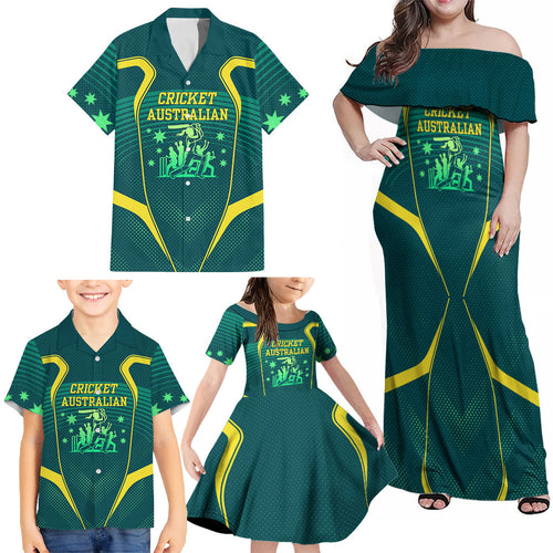 Australian Cricket Family Matching Off Shoulder Maxi Dress and Hawaiian Shirt Dark Green Halftone Tech Graphic - Southern Cross Stars