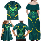 Australian Cricket Family Matching Off Shoulder Maxi Dress and Hawaiian Shirt Dark Green Halftone Tech Graphic - Southern Cross Stars