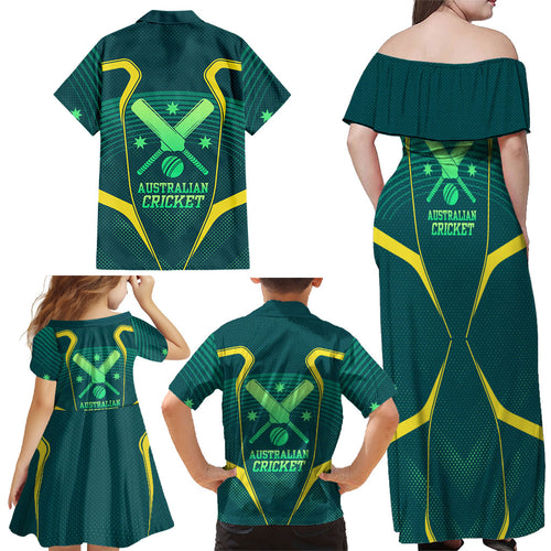 Australian Cricket Family Matching Off Shoulder Maxi Dress and Hawaiian Shirt Dark Green Halftone Tech Graphic - Southern Cross Stars