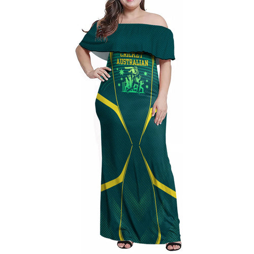 Australian Cricket Family Matching Off Shoulder Maxi Dress and Hawaiian Shirt Dark Green Halftone Tech Graphic - Southern Cross Stars