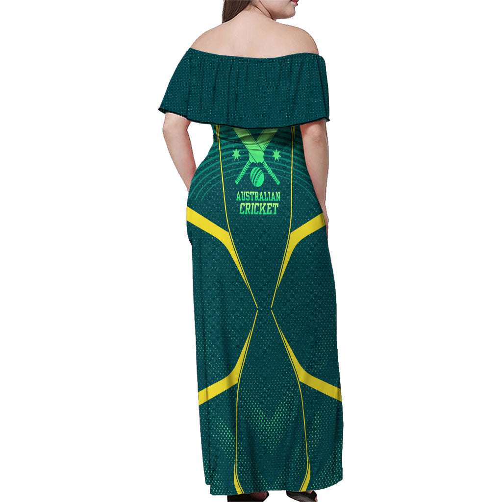 Australian Cricket Family Matching Off Shoulder Maxi Dress and Hawaiian Shirt Dark Green Halftone Tech Graphic - Southern Cross Stars
