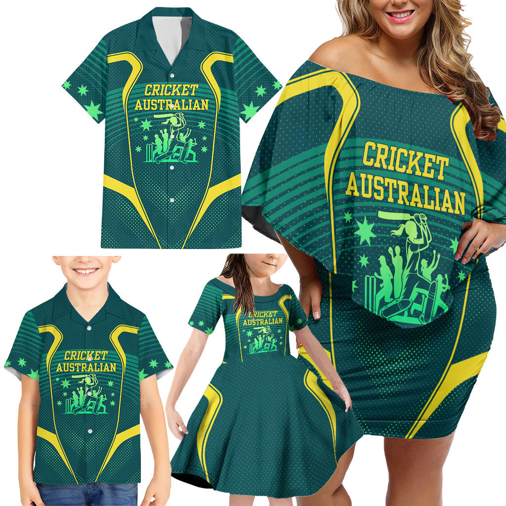 Australian Cricket Family Matching Off Shoulder Short Dress and Hawaiian Shirt Dark Green Halftone Tech Graphic - Southern Cross Stars