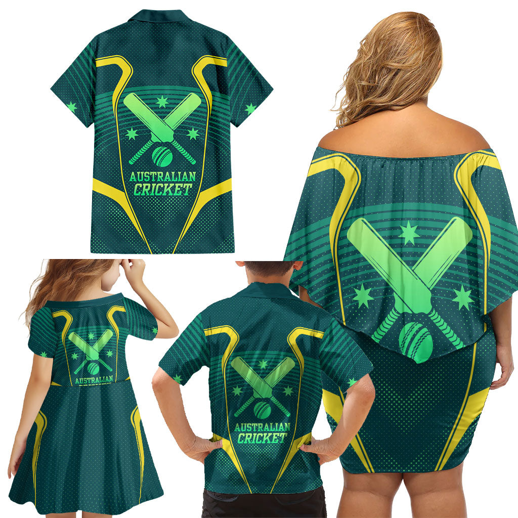 Australian Cricket Family Matching Off Shoulder Short Dress and Hawaiian Shirt Dark Green Halftone Tech Graphic - Southern Cross Stars
