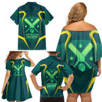 Australian Cricket Family Matching Off Shoulder Short Dress and Hawaiian Shirt Dark Green Halftone Tech Graphic - Southern Cross Stars